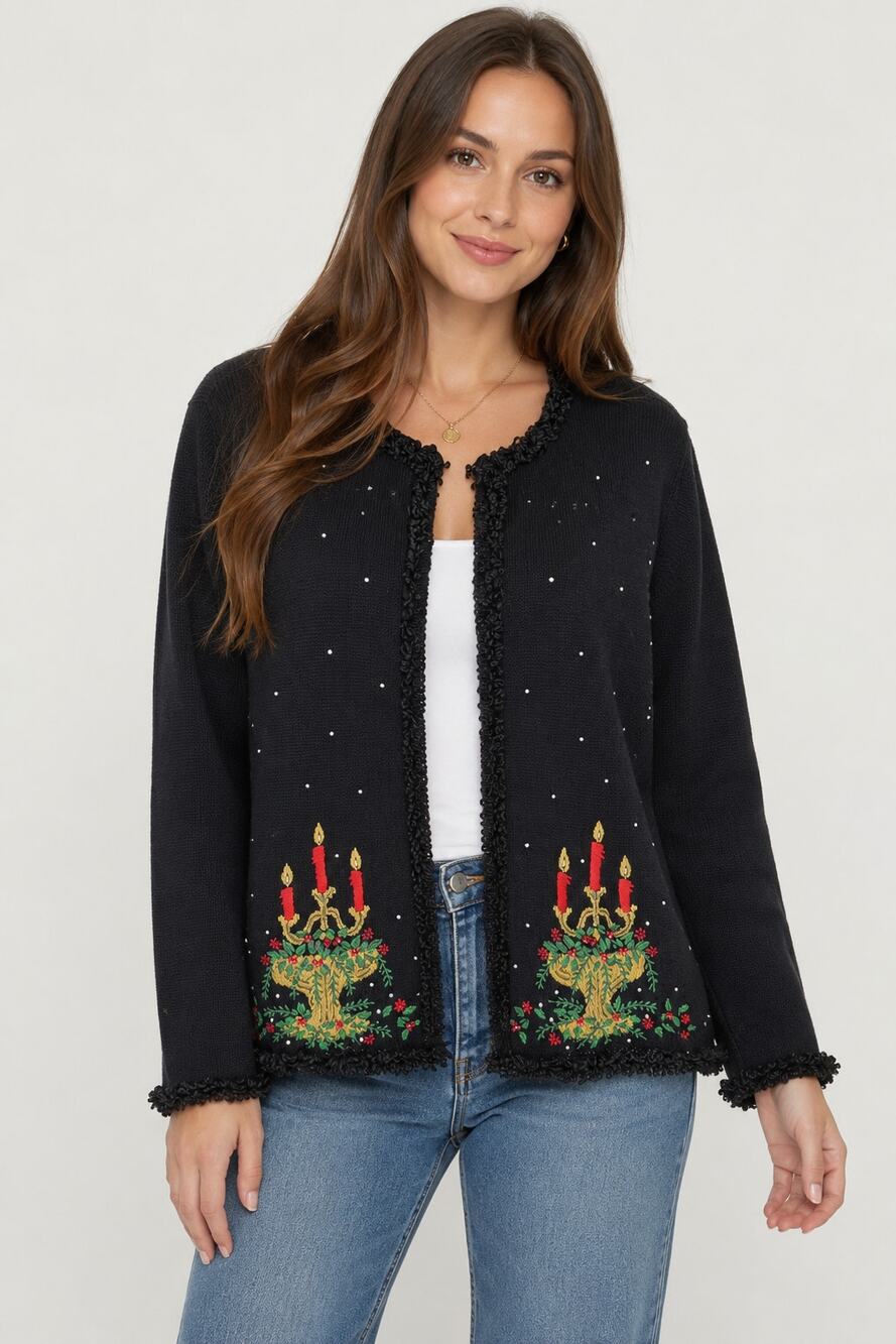 Lemon Grass Vintage Ugly Christmas Cardigan Sweater Womens XL Black Candelabra